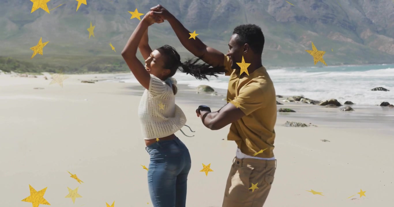 Couple clasping hands on beach initiating dance with animated stars highlighting marketing message
