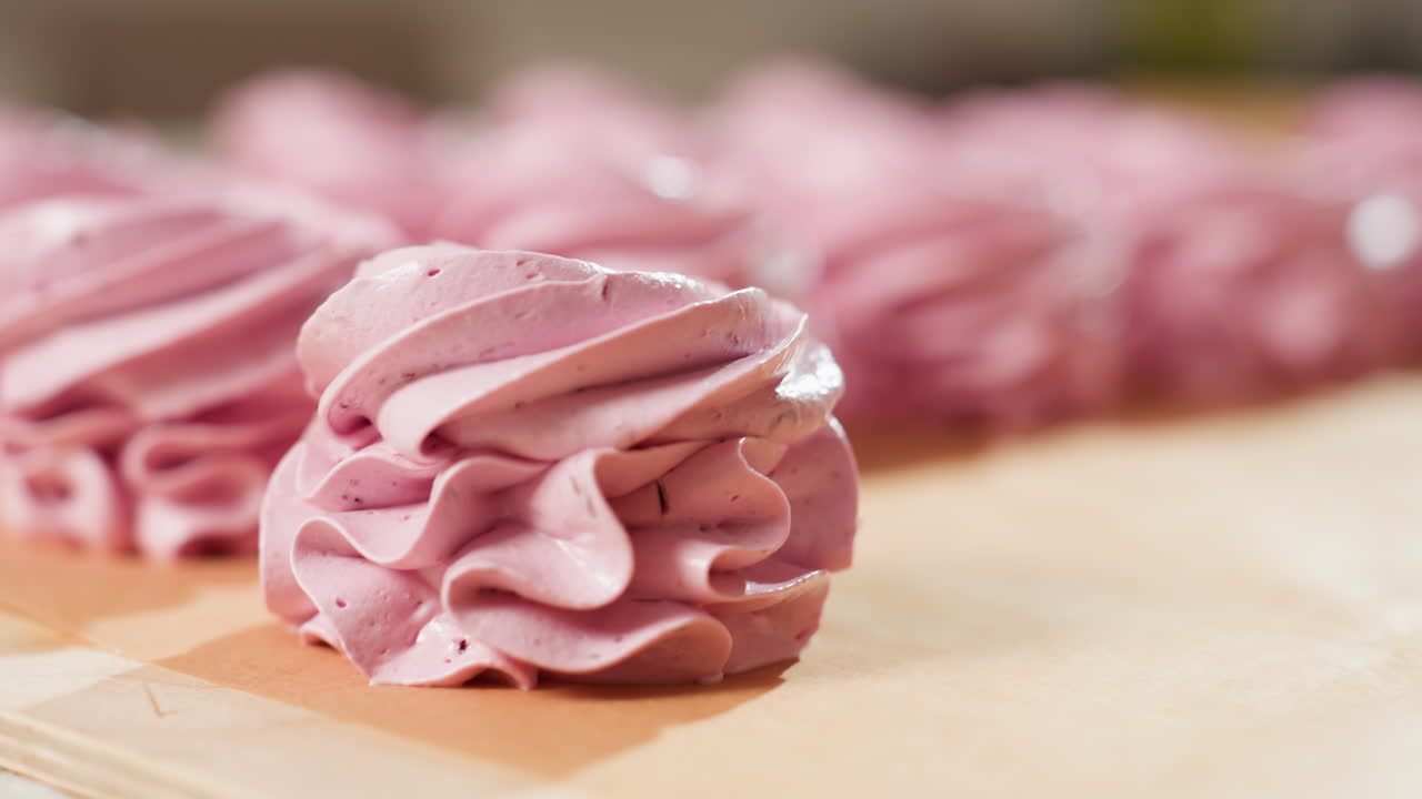 lose up of cupcake preparation process showing piping bag forming delicate swirls of pink dough on brown baking paper, with other cupcakes softly blurred in background