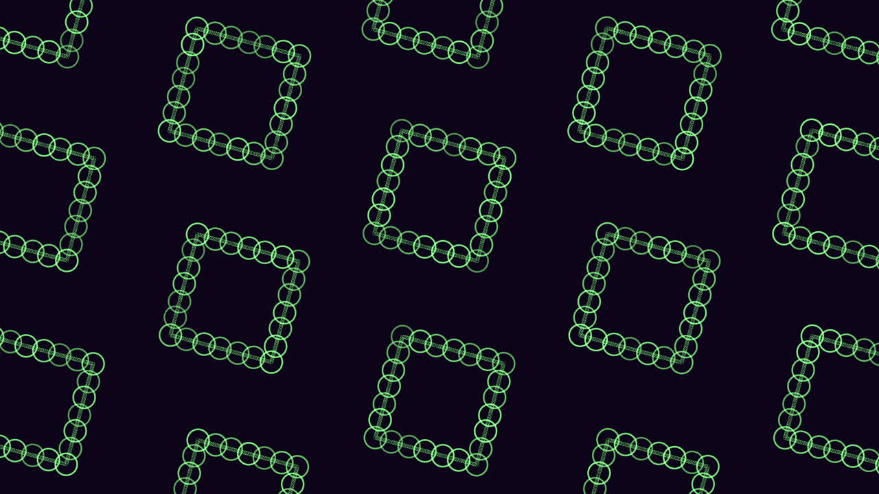 Abstract seamless animation of neon green outlined squares made of circles on a dark background, creating a modern geometric pattern ideal for motion backgrounds, presentations and digital projects