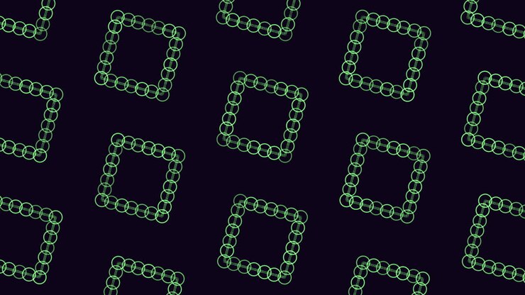 Abstract seamless animation of neon green outlined squares made of circles on a dark background, creating a modern geometric pattern ideal for motion backgrounds, presentations and digital projects