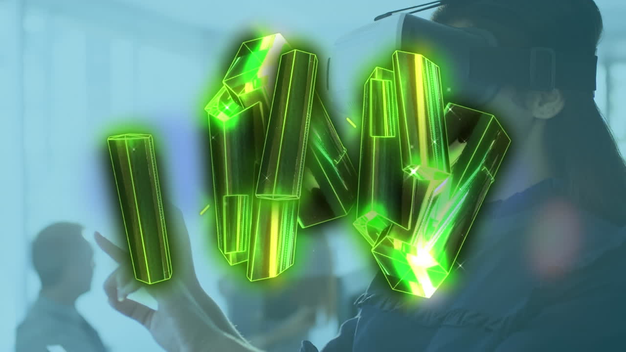 검은 바탕에 보라색 전기 전류 위에 떠다니는 반 ⁇ 이는 분홍색 금속 막대기의 애니메이션