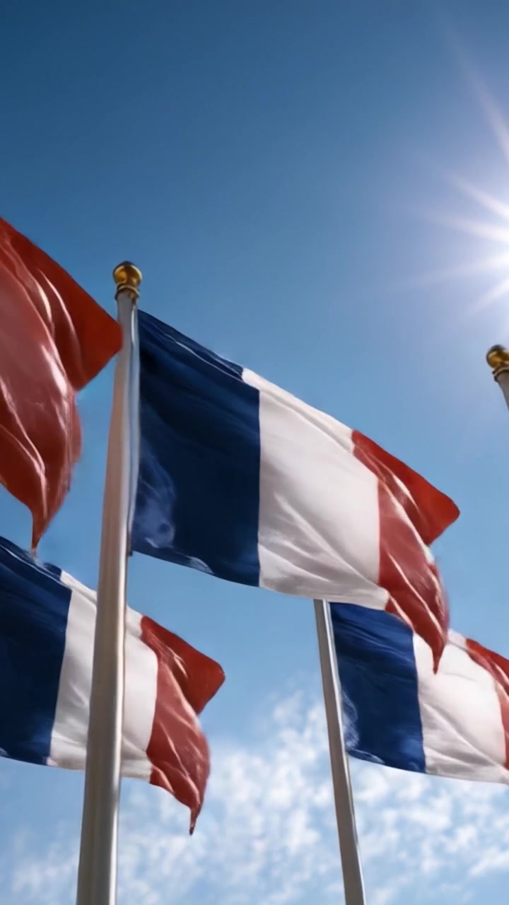 Una vivace esposizione di bandiere che danzano nel vento sotto un cielo azzurro brillante, catturando lo spirito di patriottismo e orgoglio nazionale in movimento.