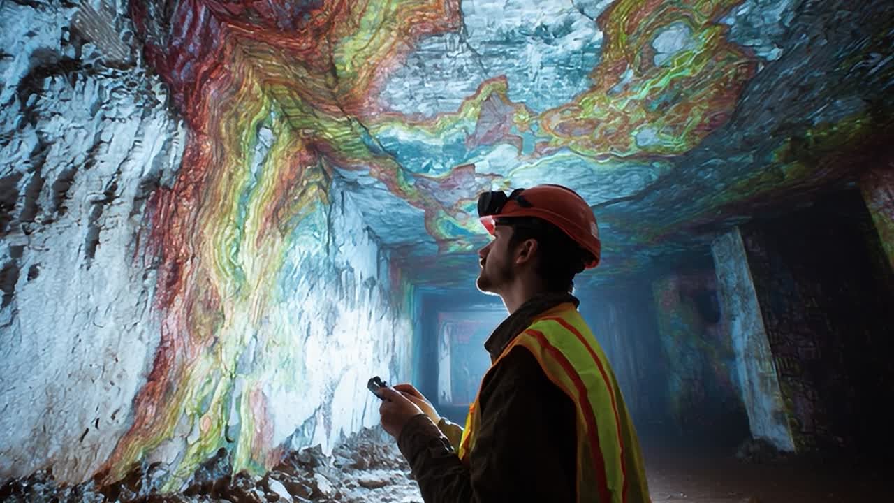 Miner examines vibrant rock formations in an underground cave setting