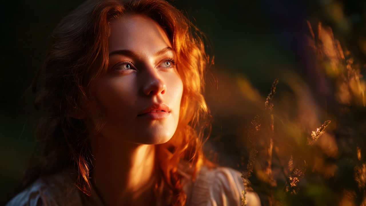 A Captivating Portrait of a Young Woman in Natural Light, Showcasing Her Graceful Features and Enigmatic Expression Amidst a Dreamy Floral Background, Evoking a Sense of Serenity and Reflection