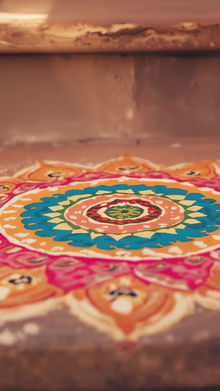 Video verticale: telecamera che si inclina verso l'alto rivelando un'opera d'arte rangoli sul portico, esponendo il gradino in cemento