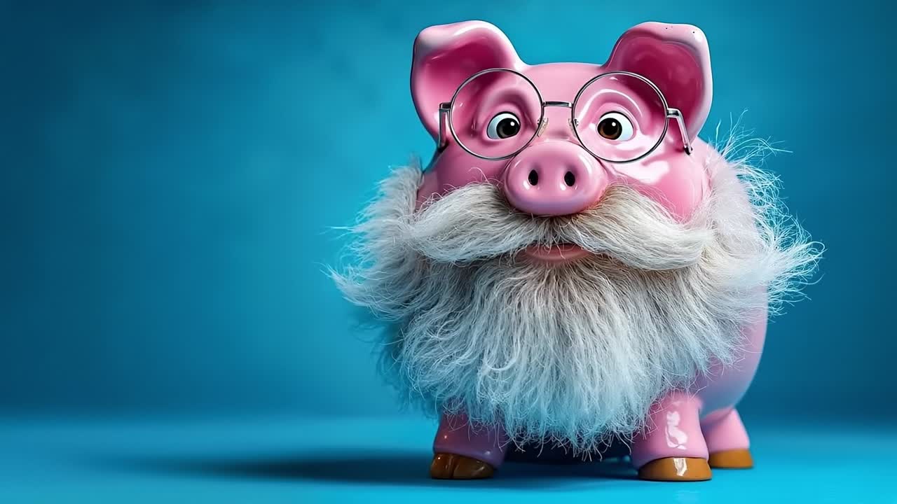 A pink piggy bank with a white beard and glasses