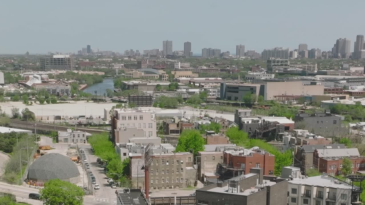 Aerial view of urban landscape in Chicago showcasing city life