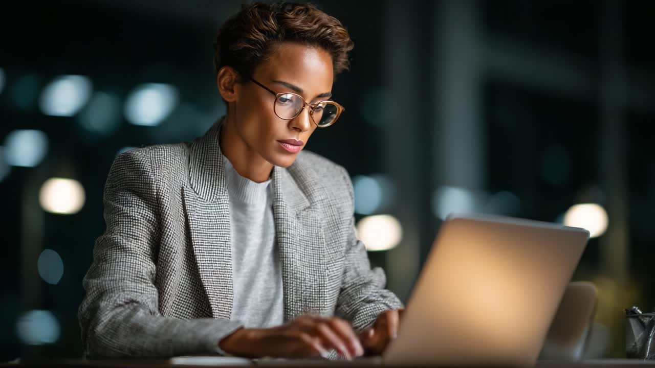 Focused Professional Working Late at Night on Laptop, Engaged in Task with Intense Concentration and a Sleek, Modern Workspace Atmosphere