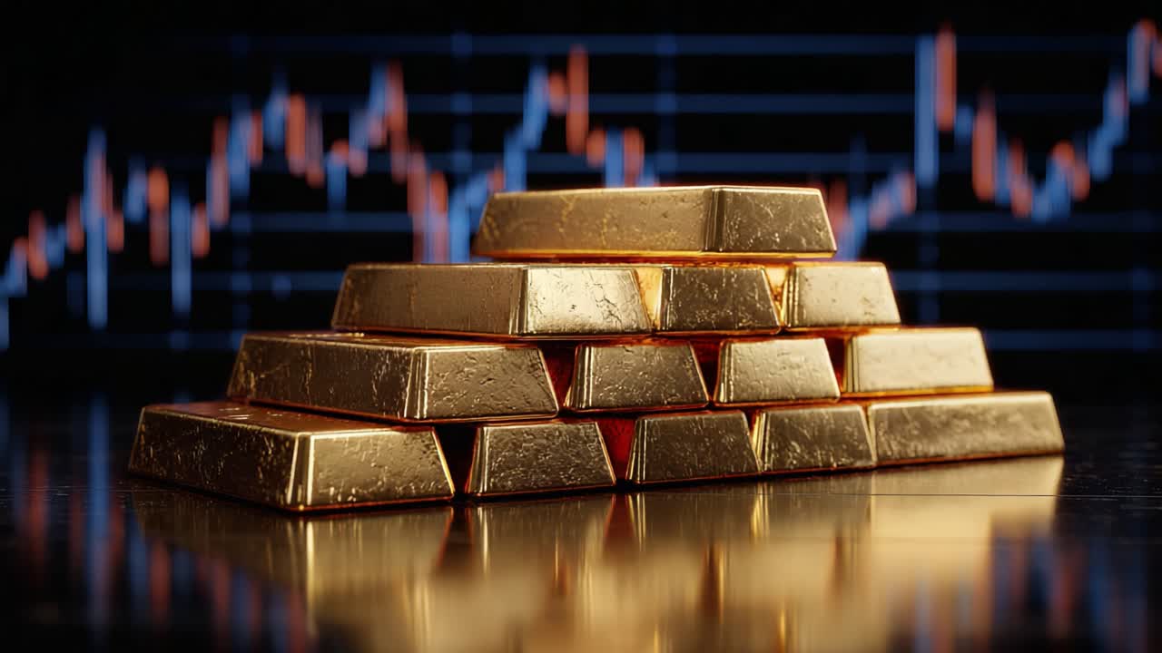 A Close-Up View of Stacked Gold Bullion Bars Displayed Against a Bold Financial Chart, Emphasizing Wealth and Investment Opportunities in Precious Metals