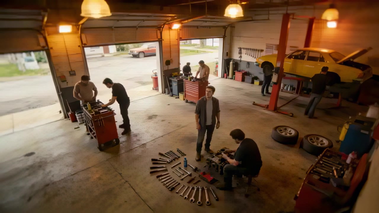 Standing mechanic in jeans overseeing repairs with bay doors opening in auto garage, near wrenches