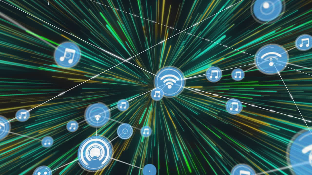 Animation of network of connections with digital icons over green explosion