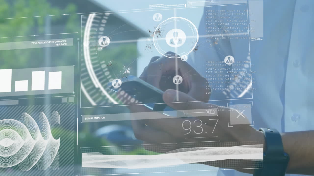 Animation of scope and digital data processing over caucasian man using smartphone