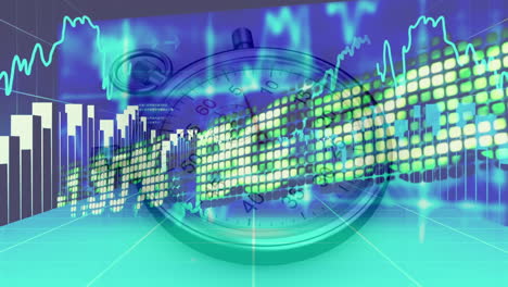 animation of statistics and financial data processing over stopwatch