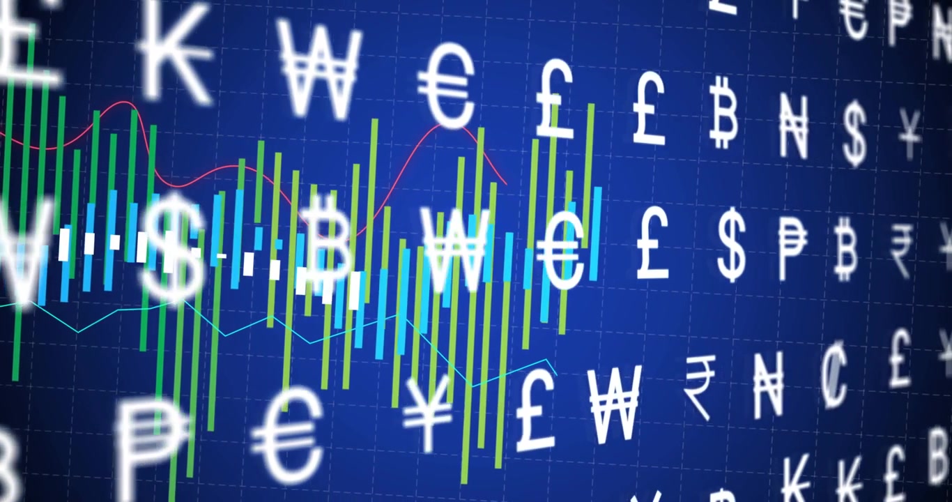 Verticale video: Pannerende grafiekbalken stijgen, lijnen tekenen op een blauw raster met $ en ? tekens die een piek aangeven.