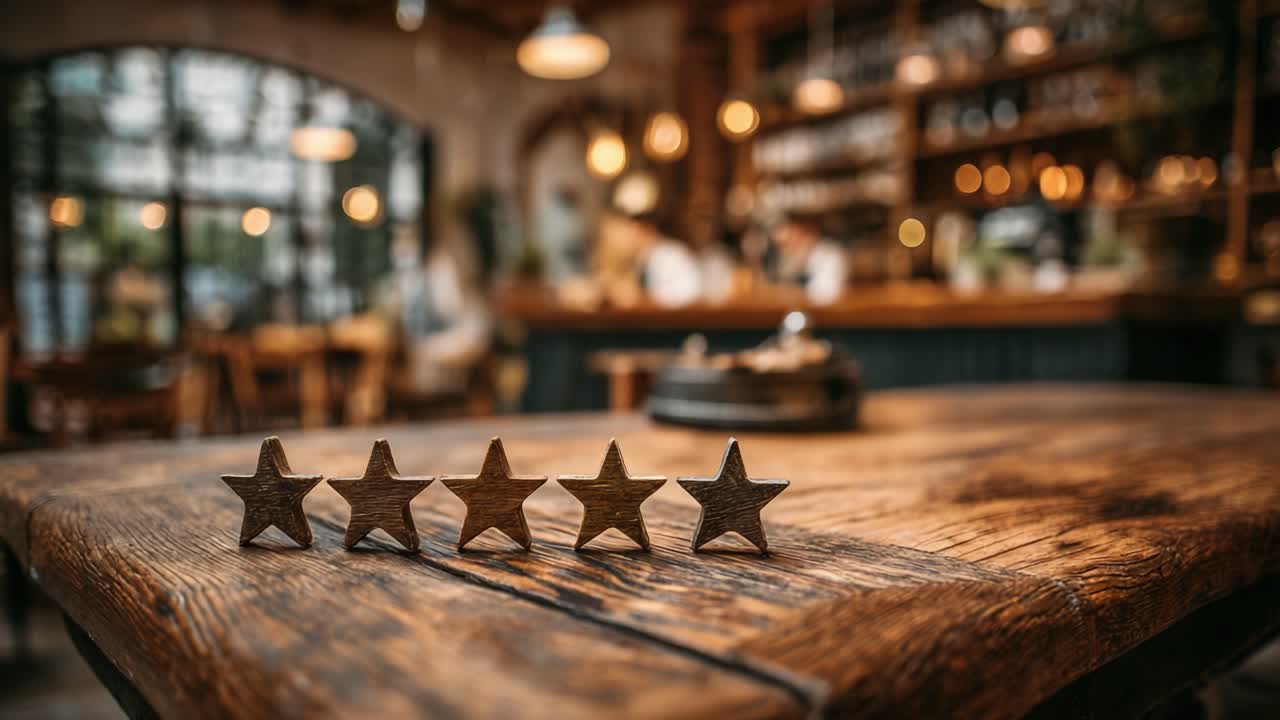 A Cozy Setting Showcasing Five Distinctive Wooden Stars on a Rustic Table, Capturing the Essence of Warmth and Charm in a Lively Culinary Space