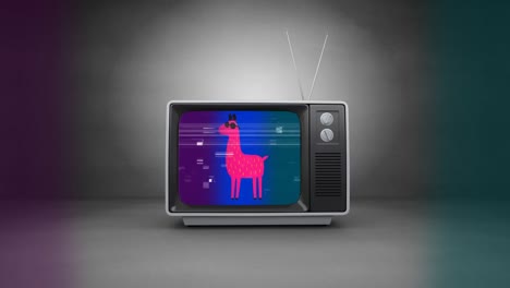 Animation-of-a-small-vintage-TV-against-black-background-