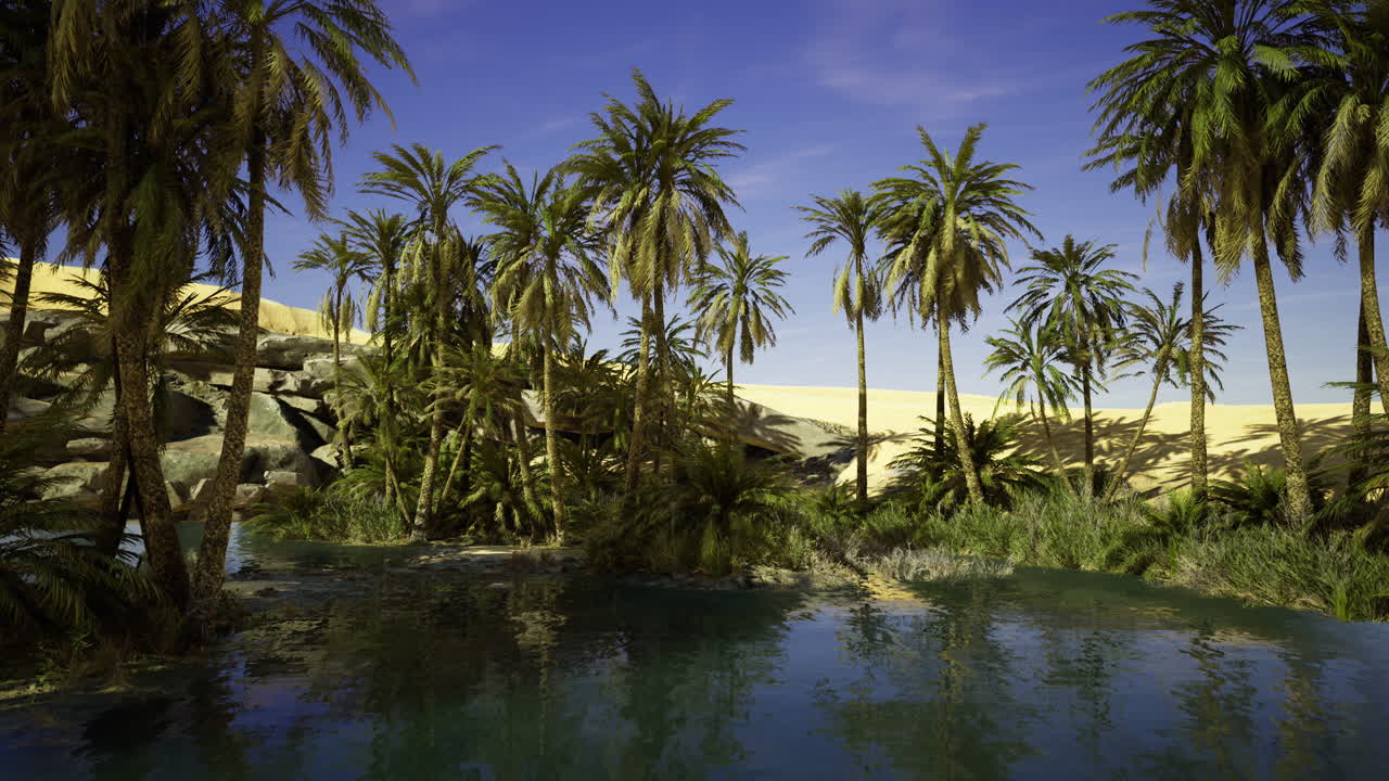 Oasis landscape with palm trees and clear water in a desert setting