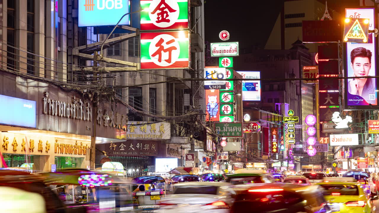 timelapse of china town and night time traffic in bangkok