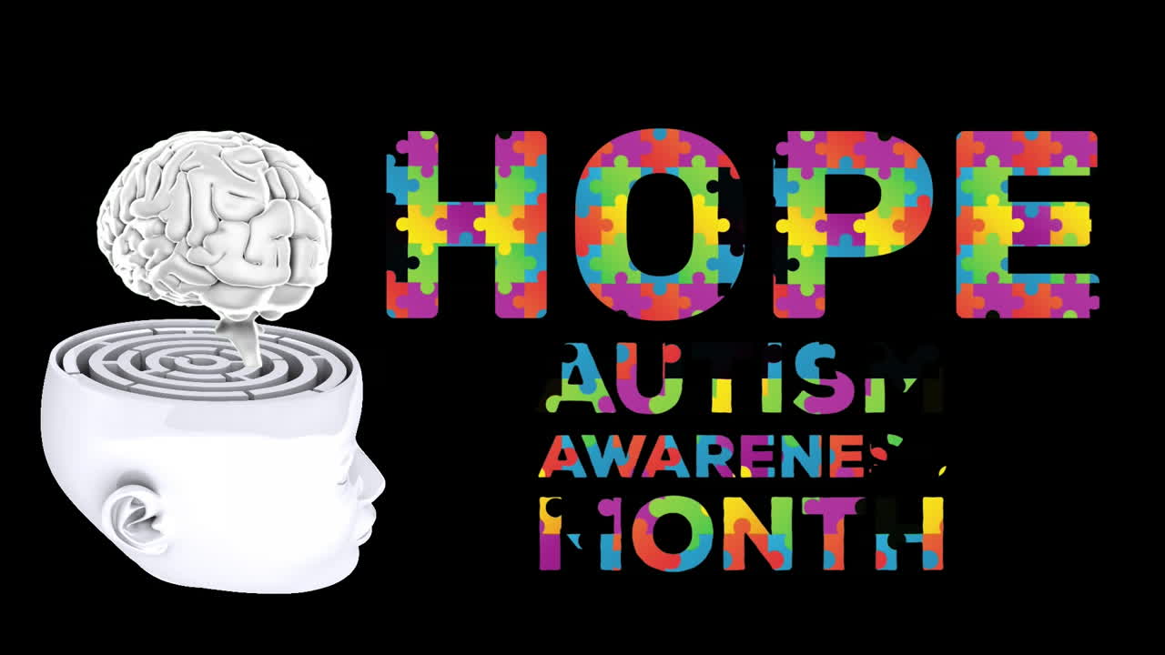 오티즘 텍스트를 형성하는 퍼즐 조각의 애니메이션과 미로와 함께 인간의 뇌