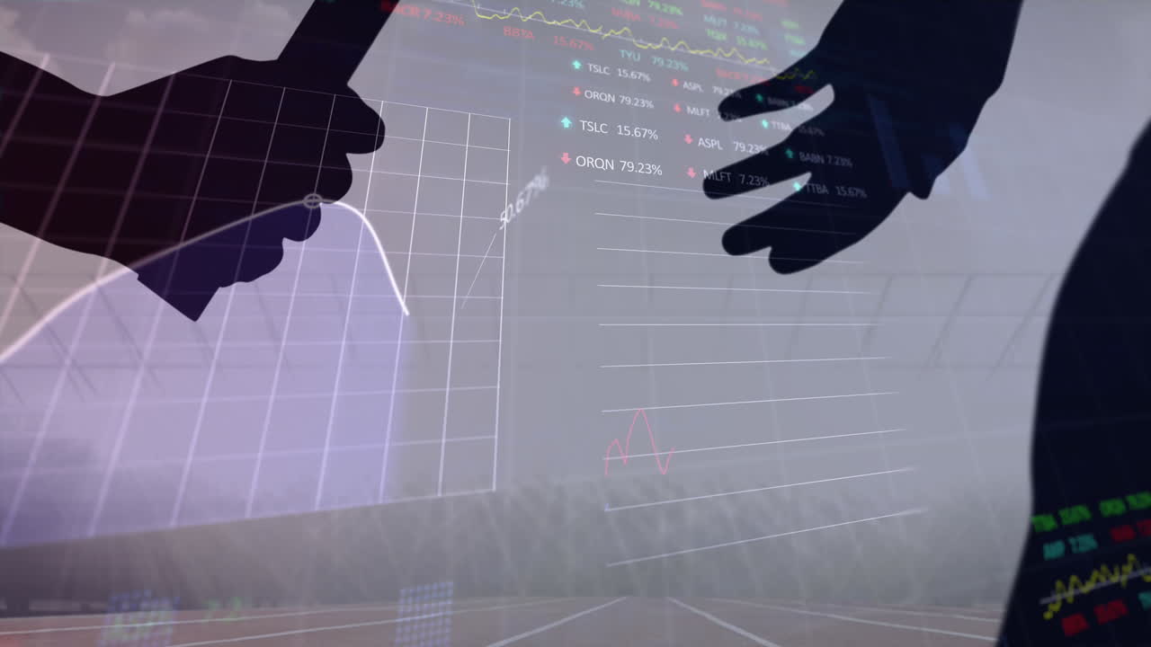 주식 시장 데이터 처리 스포츠 필드에 대항하여 지 ⁇ 이를 전달하는 손의 실루 ⁇ 에 대항하여