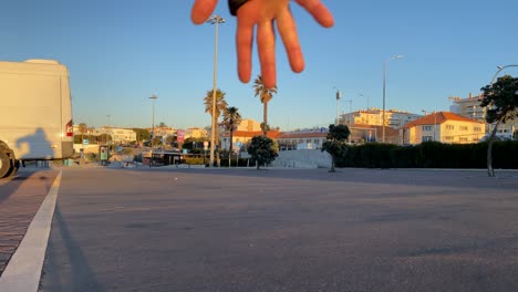 curves at a speed with the carver model improving the level of surfing with the first rays of the sun on a concrete asphalt park