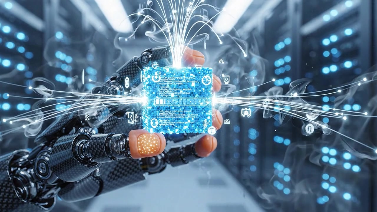 Advanced robotic hand holding a glowing, digital cube in a high-tech server room, showcasing innovation and the intersection of technology and intelligence.