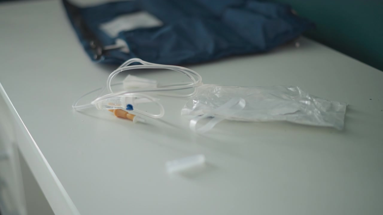 Connettore appoggiato accanto a un kit medico sigillato. Tavolo bianco con connettore vicino a forniture mediche sigillate. Il connettore appoggiato riposa su un tavolo bianco accanto al kit medico sigillato che può essere visto chiaramente