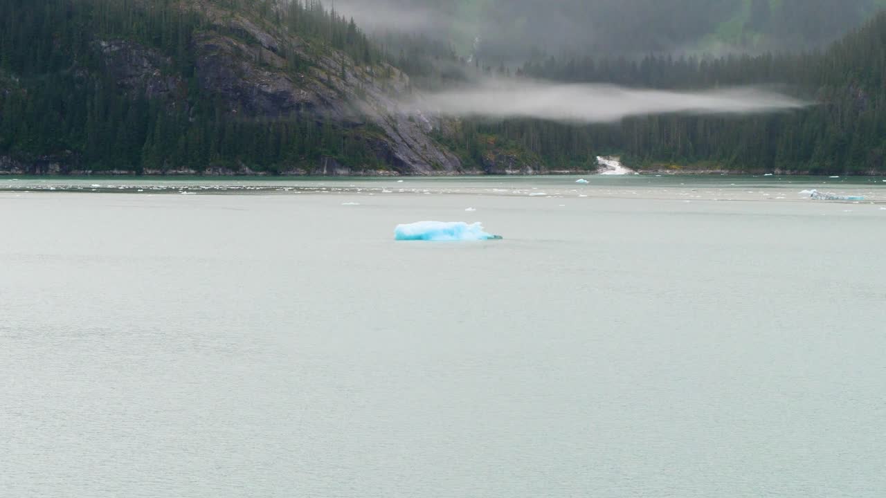 Endicott Arm fjord, stunning landscape with iceberg floating on the fjord in a foggy morning.Holkham Bay, Alaska.