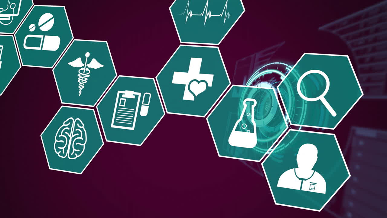 анимация икон с обработкой медицинских данных на темном фоне