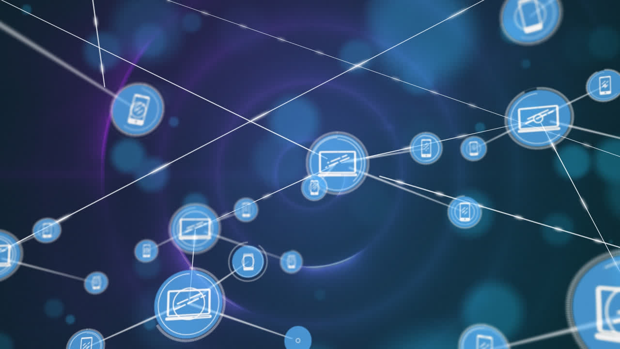 animación de la red de conexiones con iconos sobre puntos de luz sobre fondo negro