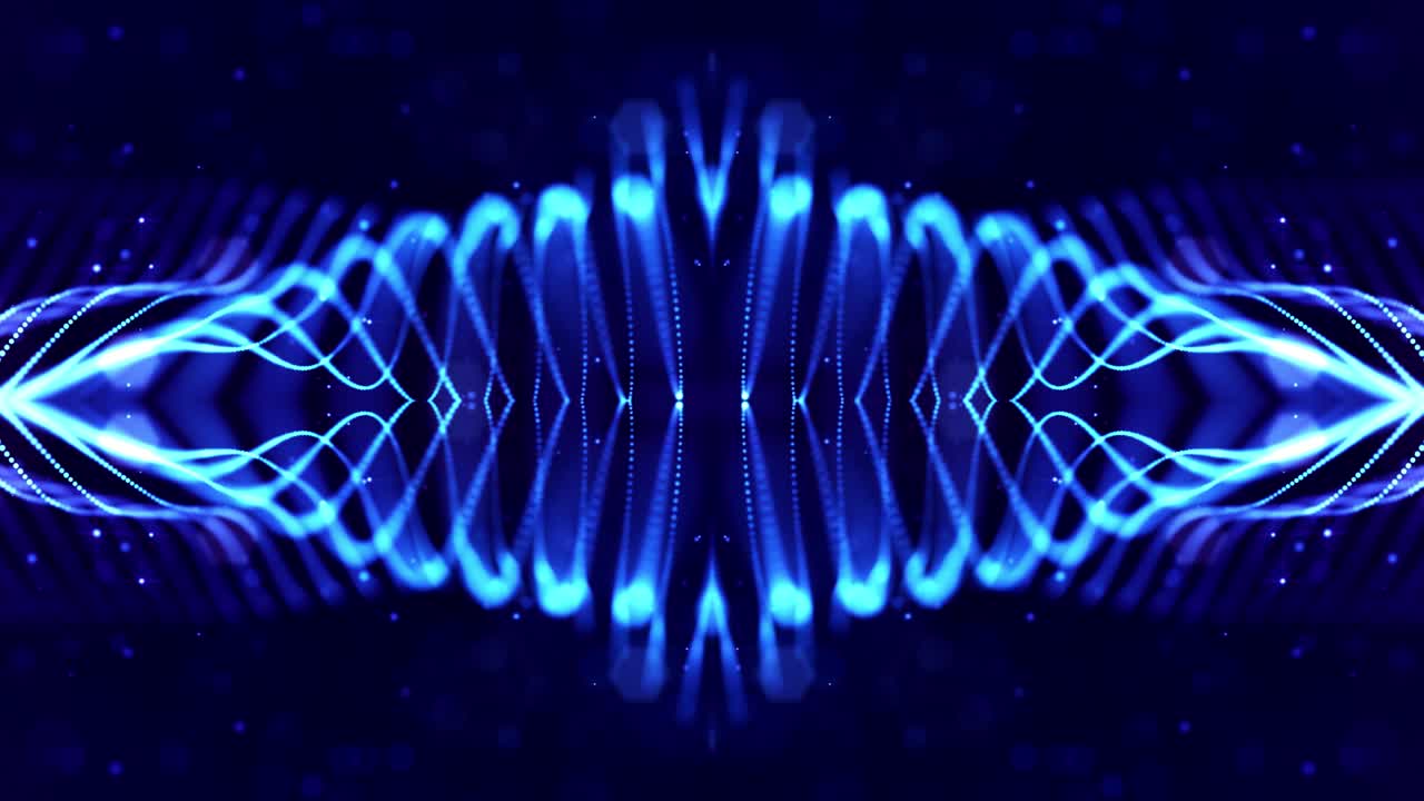 4k looped sci-fi 3d abstract animation. Glow blue particles form lines, symmetrical structures like in microworld or cosmic space. For holiday presentations, ceremonies as vj loop motion design