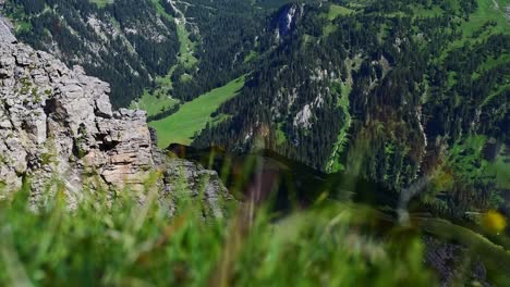 Close-up, pedestal up showing the vast austrian alps, white granit mountains that emerge out of lush green valleys.