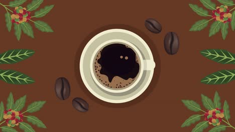 deliciosa taza de café vista del aire y el marco de las plantas