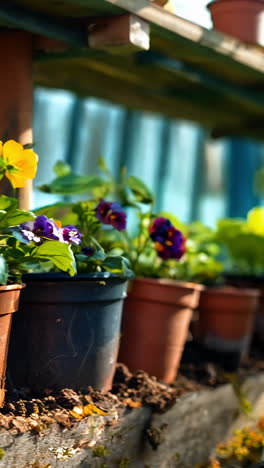 colorful pansies growing in pots at a garden greenhouse in spring. vibrant pansies bloom in pots along a wooden shelf inside a greenhouse during the spring season.
