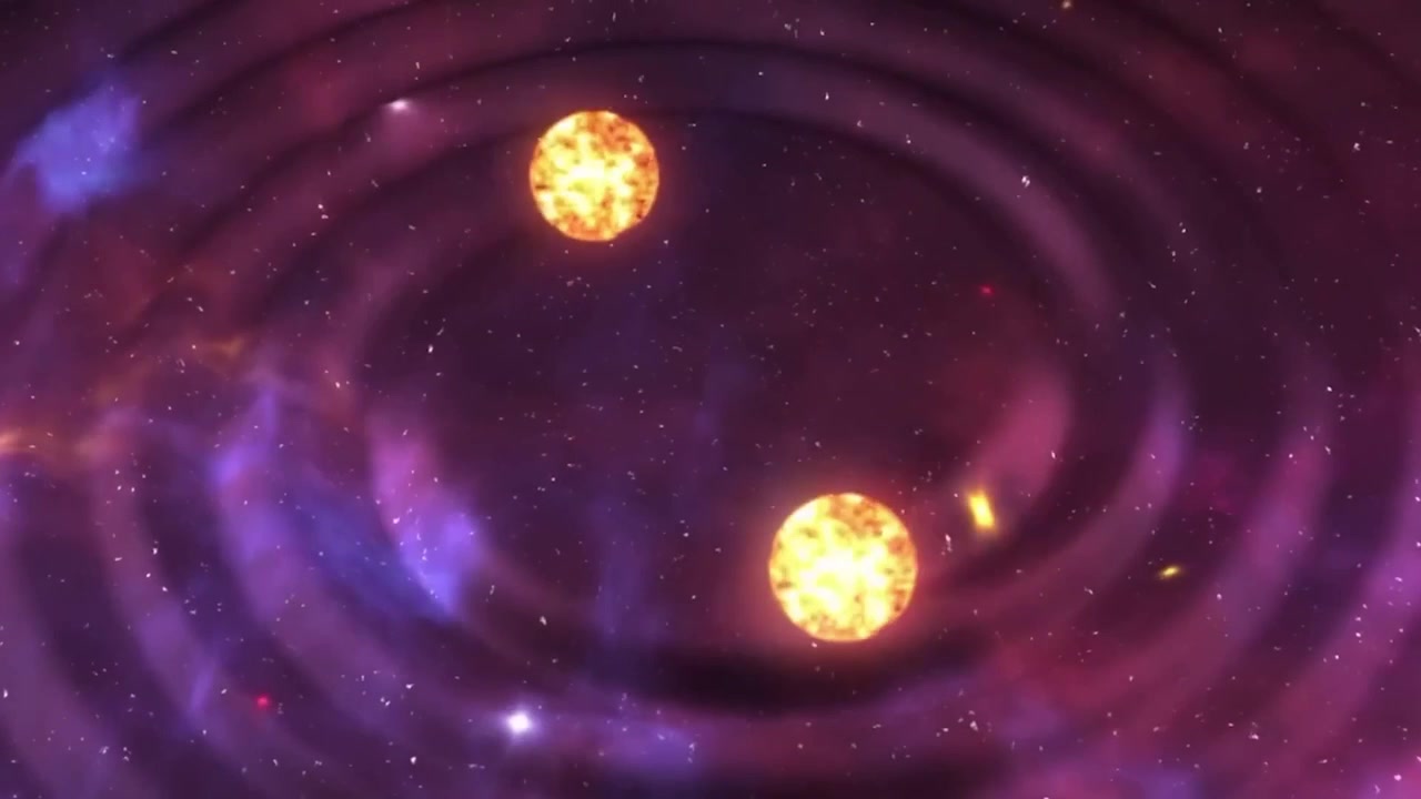 Binary star system orbiting in deep space with gravitational waves animation.