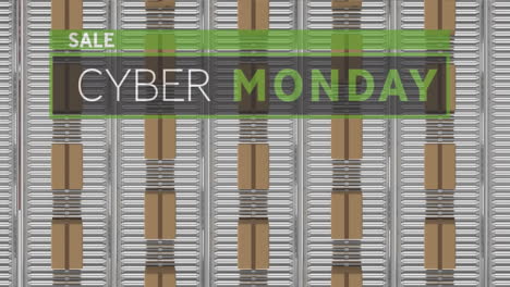 Animación-Del-Texto-De-Venta-Del-Cyber-Monday-Sobre-Cajas-De-Cartón-En-Cintas-Transportadoras.