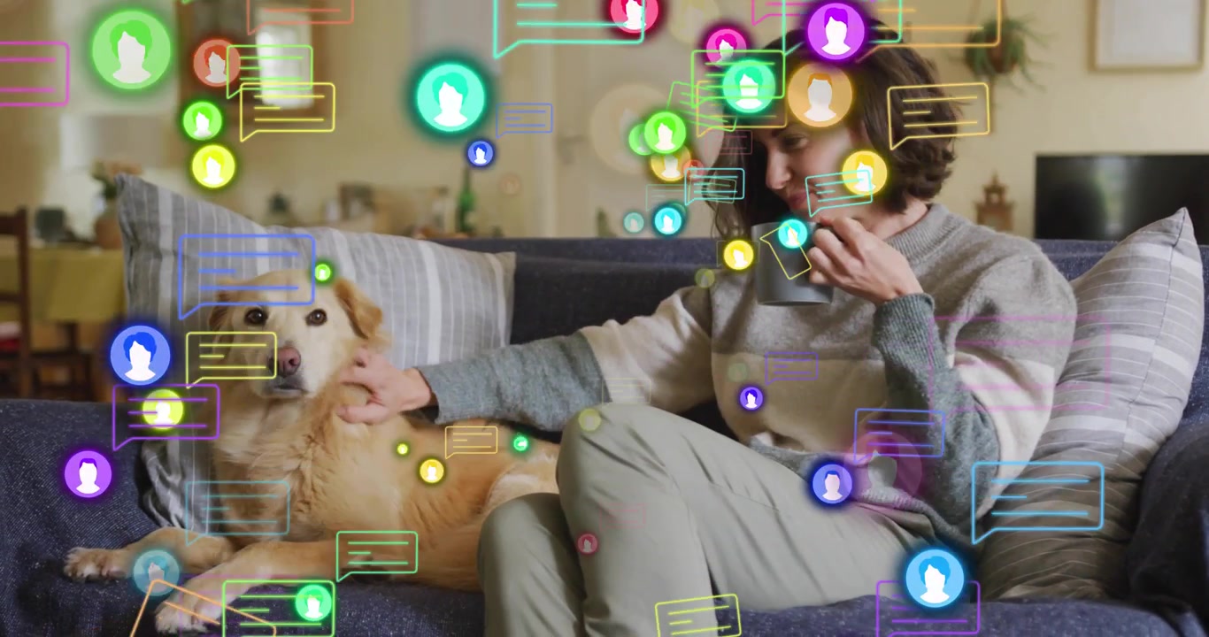 Woman lifting mug and petting dog while tech notification icons swirling around showing overload