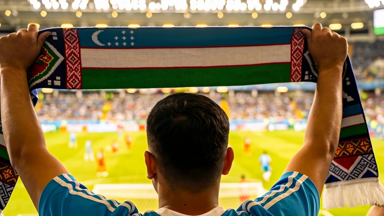 Uomo adulto con maglia azzurra che alza una sciarpa nello stadio, seguendo l'azione della partita.
