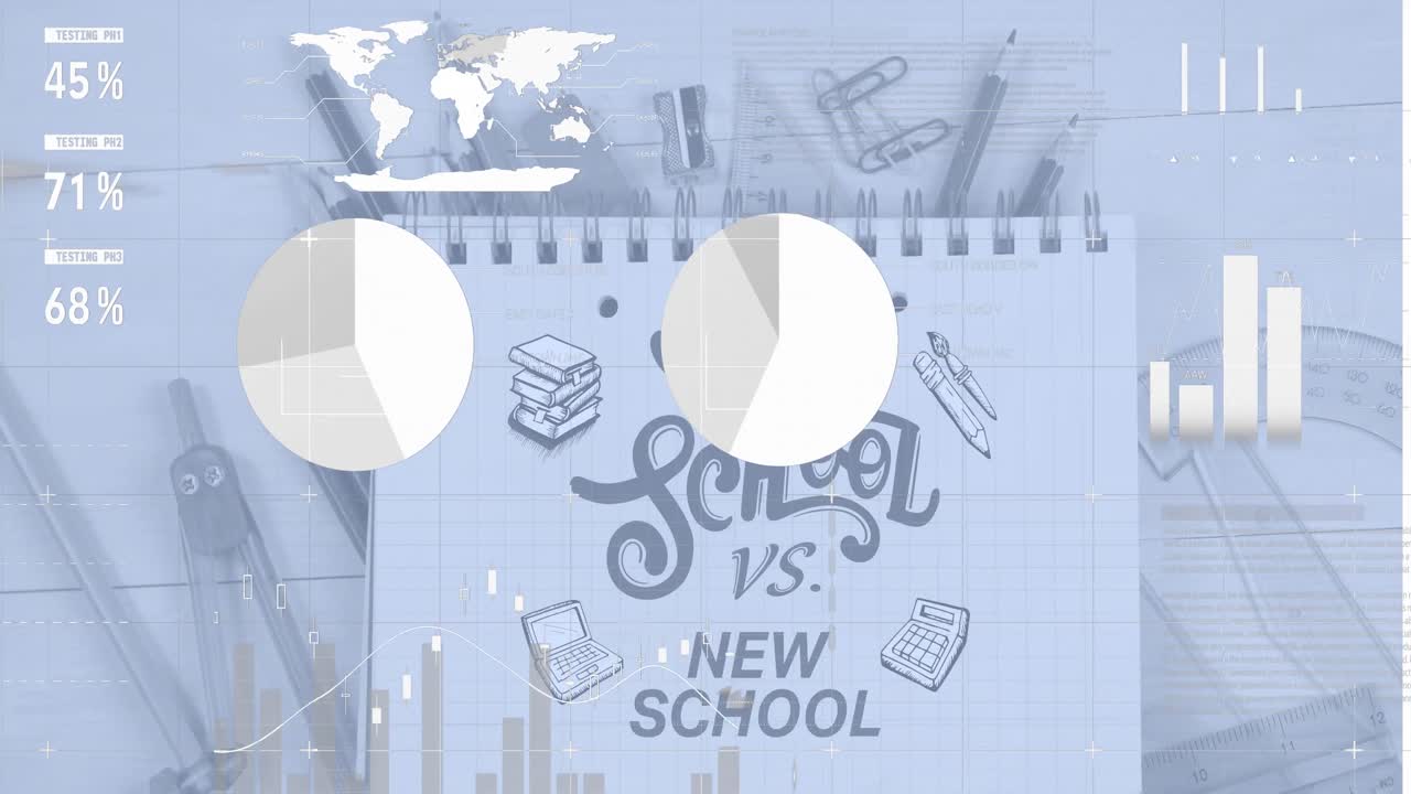 データ処理のアニメーション - 古い新しい学校のテキストと学校のアイテム