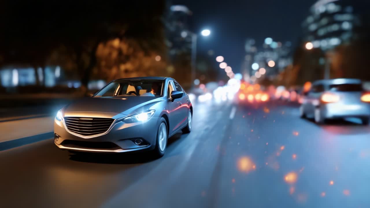Una moderna auto elegante che sfreccia di notte in una strada urbana splendidamente illuminata, mettendo in mostra luci vivaci e movimento in un ambiente cittadino dinamico