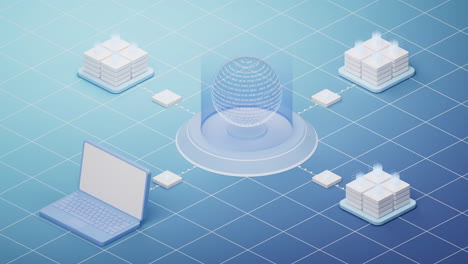 transparent data sphere with server hardware, 3d rendering.