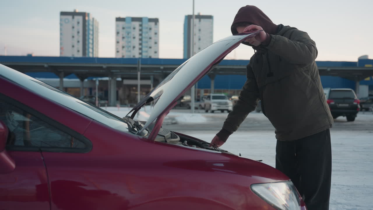 Young man in winter jacket removes support rod from raised bonnet of car after engine inspection and prepares to close it, with snowy pavement, parked cars, and city buildings visible in background