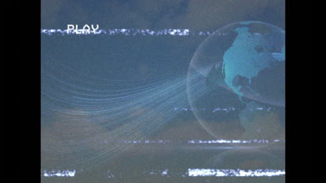 animation of globe with digital lines and play text over static interference