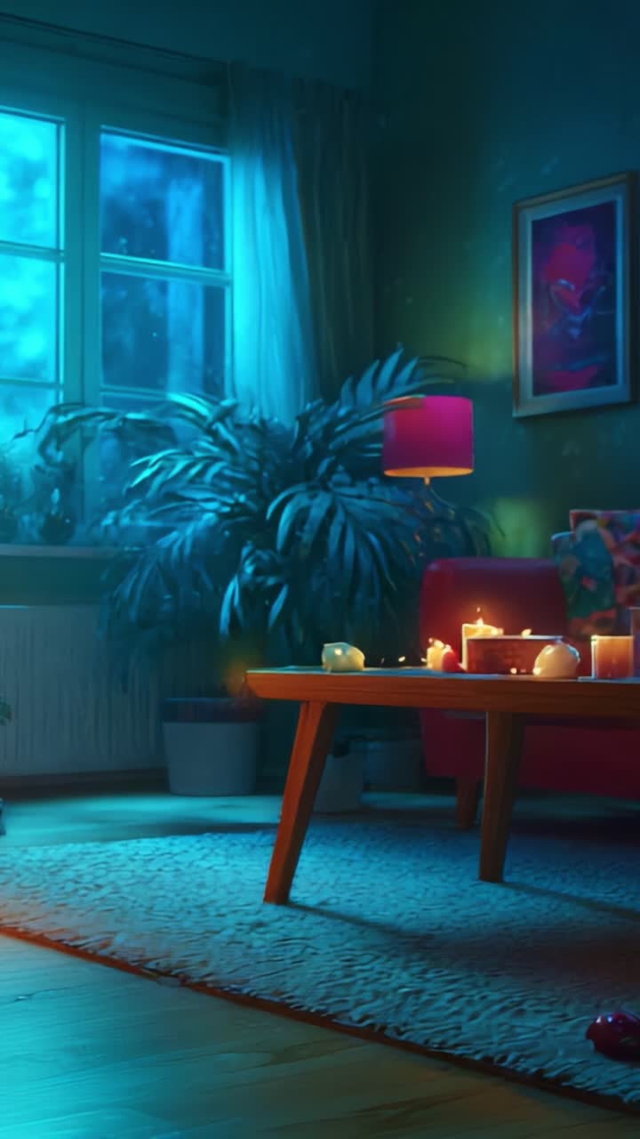 A Cozy Evening Scene in a Relaxing Living Room with Ambient Candlelight and a Playful Cat, Creating a Warm Atmosphere Perfect for Nighttime Relaxation and Comfort
