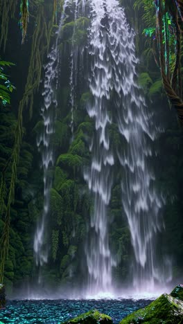 cascading water flowing down moss covered rocky cliff, creating mesmerizing waterfall amid lush, vibrant rainforest landscape with dense green foliage