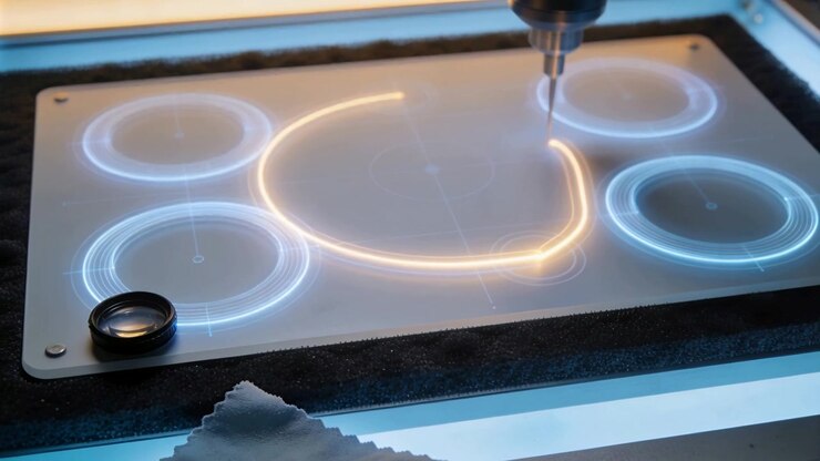 Tracing spindle clockwise on lit panel with blue guides after orange mark, forming orange ring