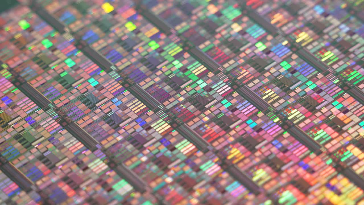 una oblea de silicio que refleja diferentes colores.