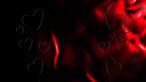 Animation-of-purple-and-red-neon-hearts-flashing-on-moving-red-texture-and-black