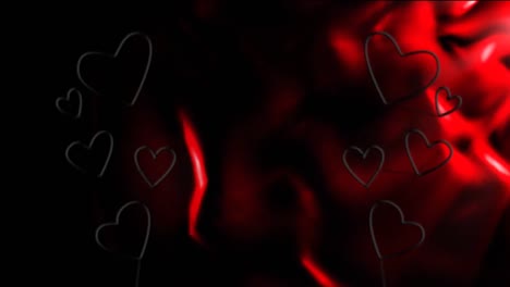 animation of purple and red neon hearts flashing on moving red texture and black