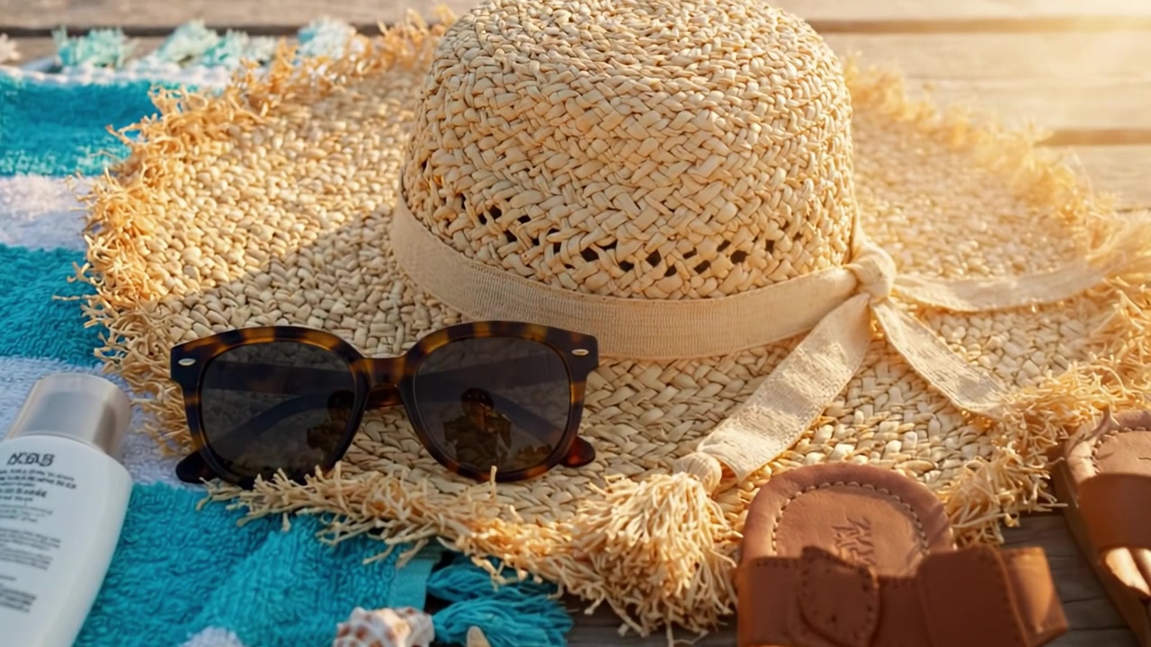 A Relaxing Summer Day at the Beach: Straw Hat, Sunglasses, and Flip-Flops on a Colorful Towel, Perfect for Sunbathing and Enjoying the Warm Weather
